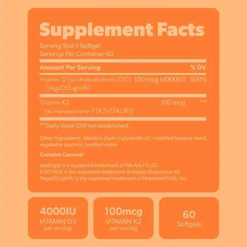 Vista 6 de sapling Suplemento vegano de vitamina D3 + K2 con aceite MCT de coco - 4000 UI de vitamina D y 100 mcg de vitamina K2 como Mk7 - Absorción
