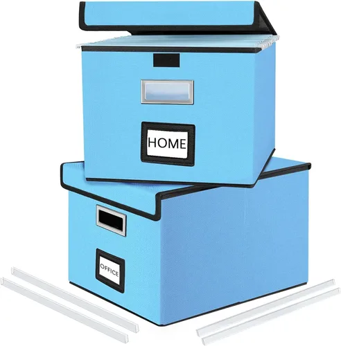 Vista 39 de Caja organizadora de archivos Huolewa con tapa, caja organizadora de carpetas de archivos colgantes de cuero sintético plegable con deslizadores