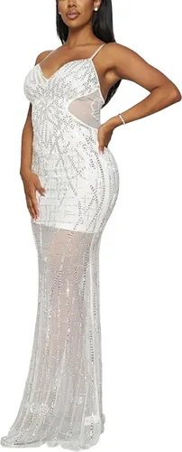 Vista 2 de PORRCEY - Vestido sexy con diamantes de imitación para mujer, vestido de noche para fiesta y club