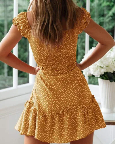 Vista 3 de Yobecho - Minivestido estampado de verano con mangas con volantes y escote corazón para mujer