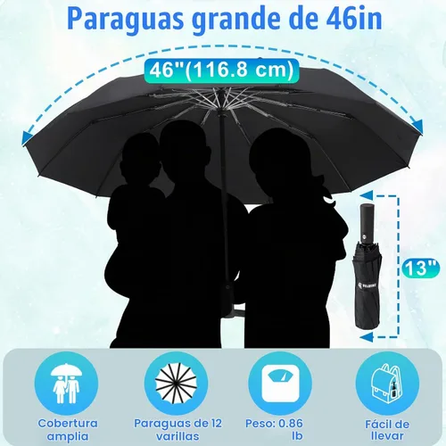 Vista 2 de GAOYAING Paraguas de lluvia automático grande de 46 pulgadas, resistente al viento, ligero, listo para viajar, tela resistente de 12 costillas 210T