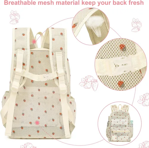 Vista 5 de CAMTOP Mochila de malla para niños y niñas, mochila transparente para preescolar, mochila casual para escuela, playa, viajes, deportes (fresa beige)