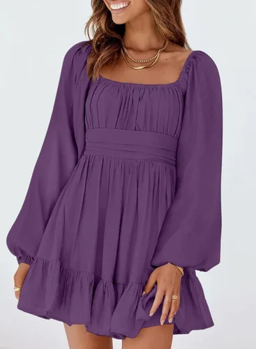 Vista 3 de Dokotoo Vestido largo para mujer, manga farol, cuello cuadrado, lazo sin espalda, vestido sexy con volantes, cintura elástica, acampanado, mini