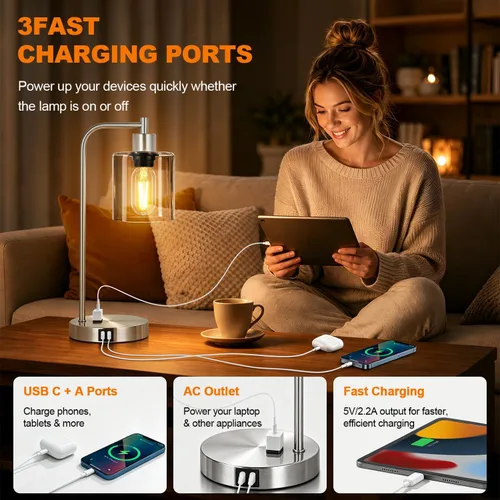 Vista 5 de Juego de 2 lámparas de mesa con control táctil industrial - Lámparas de mesita de noche en níquel cepillado con 2 puertos USB y enchufe de CA