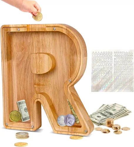 Vista 17 de Alcancía de Madera Personalizada con Letras del Alfabeto, Banco de Monedas con Letras del Alfabeto para Niños, Niñas y Bebés, Tamaño Grande, 26