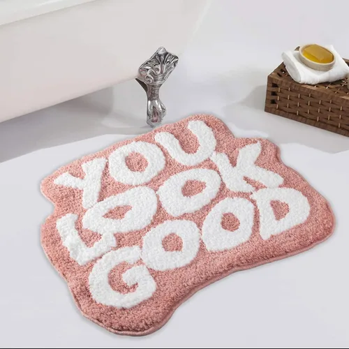 Vista 16 de Alfombra de baño negra con texto en inglés "You Look Good", alfombra de baño divertida, bonita, antideslizante, de microfibra, de felpa, pequeña