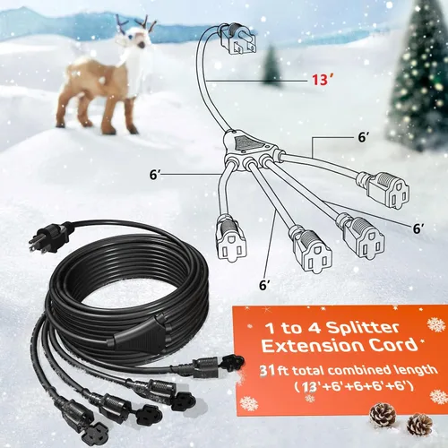 Vista 3 de Eversimpleinc Cable de extensión divisor negro de 1 a 4 (combinado de 31 pies, de extremo a extremo 13 pies), enchufe de 3 clavijas con 4 tomas