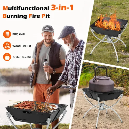 Vista 4 de HAPPYGRILL Fogata plegable 3 en 1 con parrilla para exterior, plegable para quemar leña, fogata para barbacoa, hoguera, cocina al aire libre