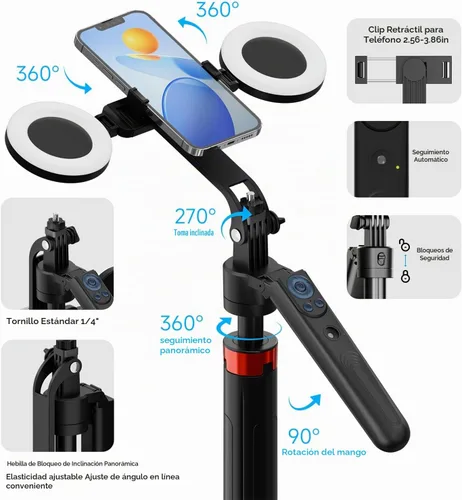 Vista 5 de Trípode de seguimiento automático de cara de 70 pulgadas para iPhone, rotación 360 de viaje, soporte para selfie con control remoto, control