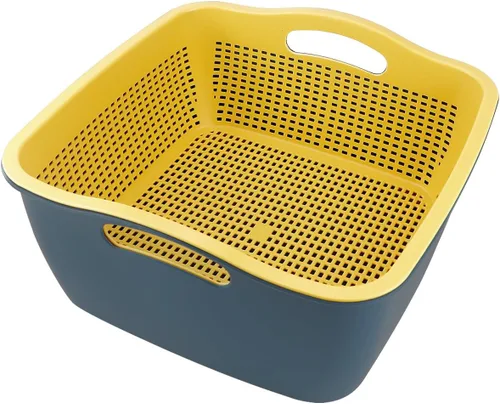 Vista 9 de Cesta de drenaje de doble capa, cesta de plástico para lavar frutas, verduras, cesta de almacenamiento de alimentos, fregadero apilable de verduras
