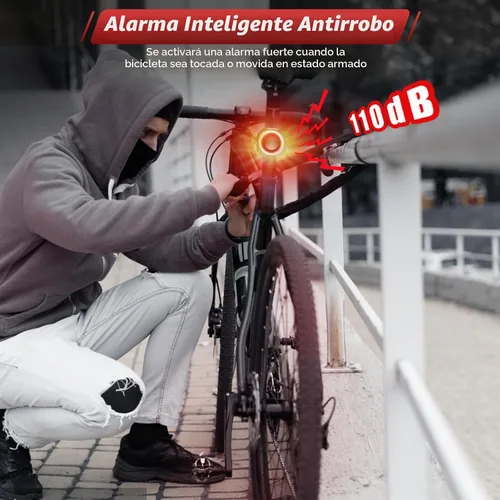 Vista 4 de Alarma de bicicleta con control remoto, luz trasera de bicicleta y luz de freno encendido/apagado automático USB-C recargable, sistema de alarma