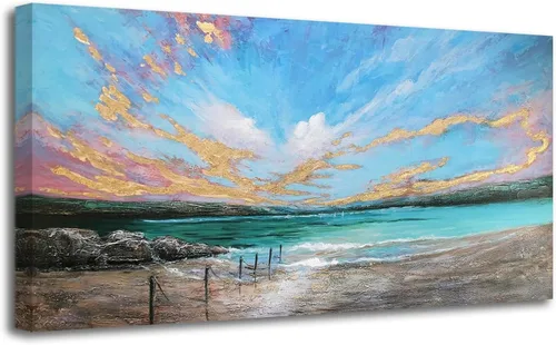 Vista 24 de Arjun Pintura de Paisaje Puesta de Sol Montaña Lago Arte de Pared en Lienzo con Textura Enmarcado Grande 40"x20"- Impresiones de Cuadros Serenos