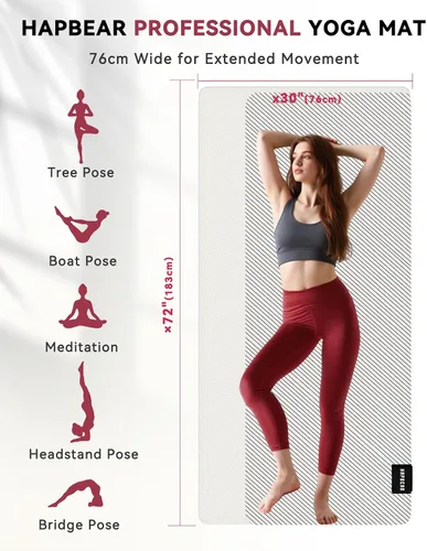 Vista 2 de HAPBEAR Large Yoga Mat 72"x30" - 5mm Thick PU Top & Rubber Bottom - Non-Slip Wide Exercise Mat with Dual Layers - High Shock Absorption for