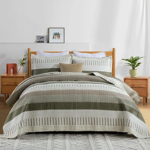 Vista 10 de Y-PLWOMEN Colcha tamaño Queen – Colcha reversible de 100% algodón a rayas estilo granja, ligera, acogedora y moderna, ropa de cama de campo para Azul