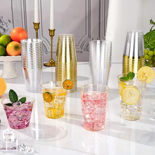 Vista 6 de Goodluck 50 vasos de plástico con purpurina dorada de 10 onzas, vasos desechables con purpurina, elegantes vasos de cóctel de plástico, vasos