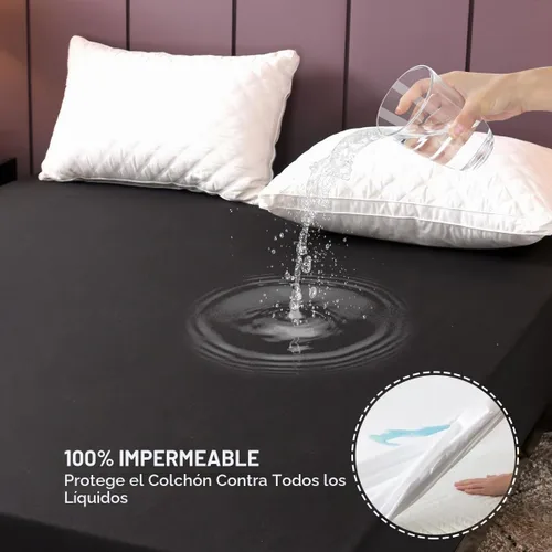 Vista 3 de NTBED Funda protectora de colchón impermeable negra tamaño matrimonial de poliéster con bolsillo profundo para cama, sábana bajera ajustable de Negro