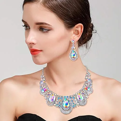 Vista 2 de BriLove Conjunto de collar y aretes con forma de lágrima de cristal para mujer
