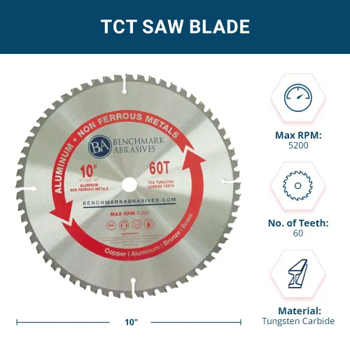 Vista 5 de Benchmark Abrasives Hoja de sierra circular TCT de 10 pulgadas con punta de carburo de tungsteno con eje de 5/8 pulgadas para cortar aluminio