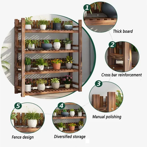 Vista 3 de Soporte de madera para plantas de 4 niveles, fácil de montar, estante de madera multifuncional para plantas, soporte de madera para múltiples