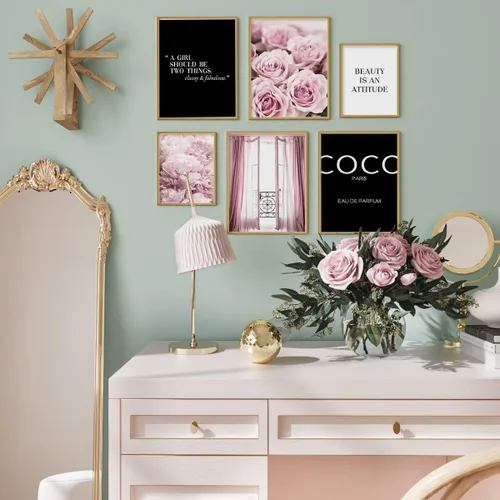 Vista 6 de Arte de Pared con Citas Motivacionales - Imágenes de Diseñador Rosa Glamoroso para Decoración de Pared - Citas Positivas para Mujeres, Dormitorio