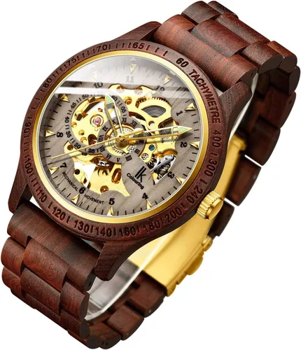 Vista 8 de IK COLOURING Relojes de lujo mecánico de madera caso esqueleto Lumious automático automático ligero cuero genuino pulsera/reloj de pulsera con banda