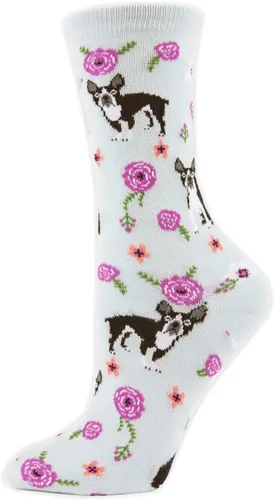 Vista 4 de MeMoi Calcetines novedosos de Bulldog Francés y Rosas Rayan Blend Crew Caverna azul