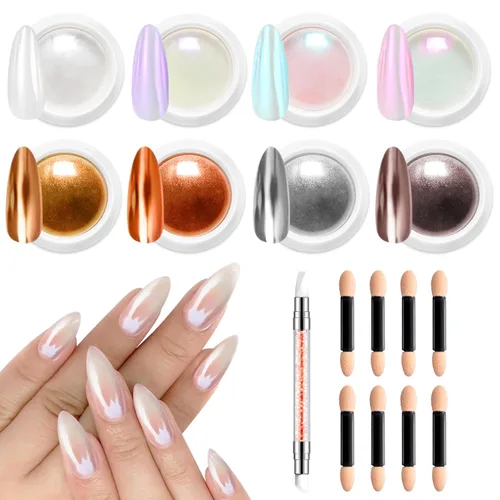 Vista 13 de Polvo de uñas cromado y perla - 【Efecto de hada】Polvo de uñas cromado rosa, blanco, aurora, amarillo, sirena, iridiscente, polvo cromado, espejo
