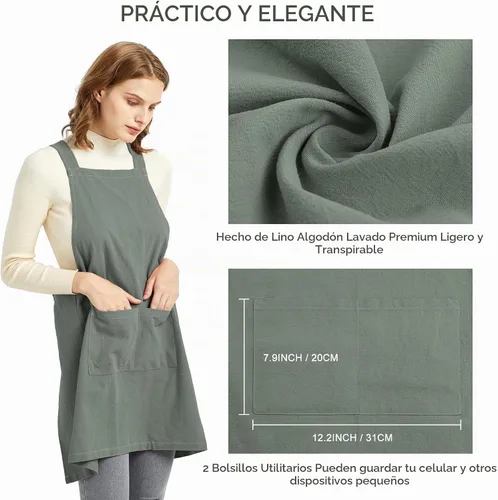 Vista 4 de ELEZAY Delantales para mujer con bolsillos, talla grande, cómodo, espalda cruzada, sin lazo, delantal de lino y algodón Verde