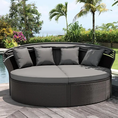 Vista 2 de Crownland Cama con dosel para patio al aire libre, sofá cama redonda con cojines lavables, asiento seccional de concha con muebles de mimbre