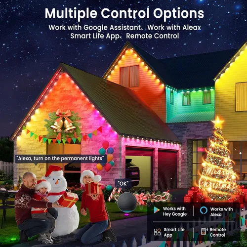 Vista 4 de Luces exteriores inteligentes permanentes para casa, IP67 impermeables con 54 escenas, 50 pies de luces LED RGB+IC para casa al aire libre todo