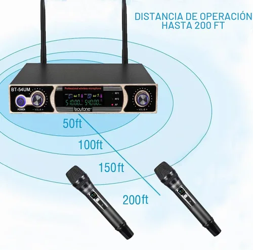 Vista 5 de Boytone Sistema de micrófono inalámbrico UHF dinámico fijo dual, micrófono y base de metal, hasta 260 pies (BT-54UM)