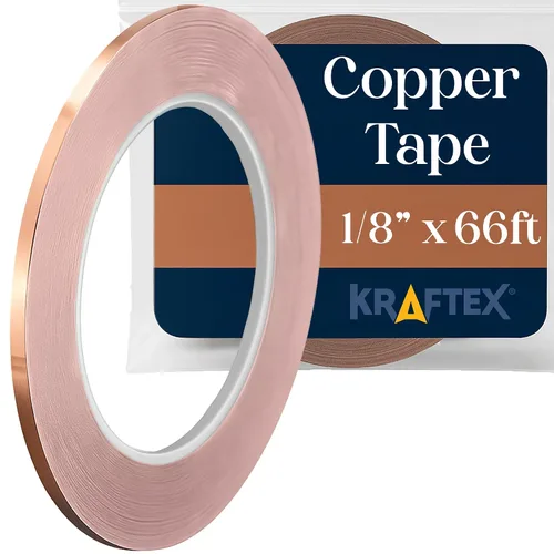 Vista 13 de Kraftex Cinta de cobre de 1/2 pulgada x 66 pies. Cinta de lámina de cobre para soldadura de vitrales con adhesivo conductor. Gran blindaje