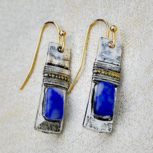 Vista 3 de Gixaxak Pendientes de plata vintage 925 con grano azul, hechos a mano, pendientes de piedra natural, pendientes de zafiro azul crudo, piedras
