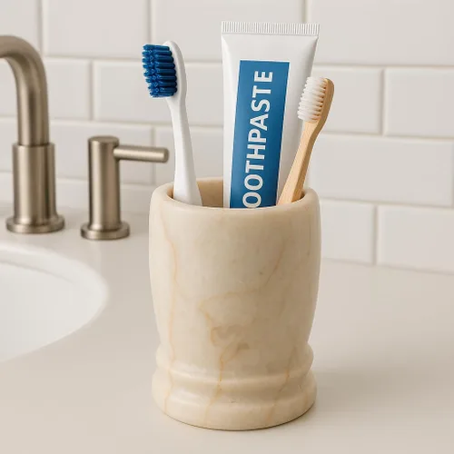 Vista 2 de Creative Home Colección de doble anillo de mármol champán natural, soporte para cepillos de dientes, soporte para brochas de maquillaje, organizador