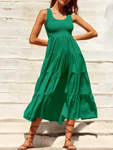 Vista 2 de ANRABESS Vestido de verano para mujer, sin mangas, fruncido, bohemio, con volantes, escalonado, acampanado, para la playa, con bolsillos