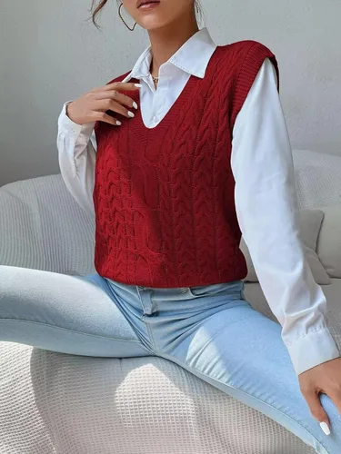Vista 4 de Chaleco casual de punto trenzado con cuello en V para mujer, color liso, sin mangas, chaleco para mujer