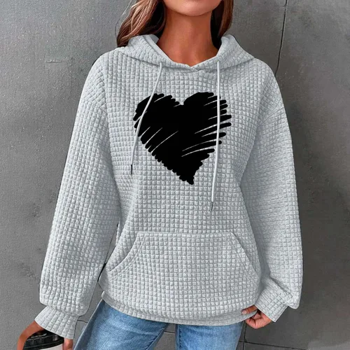 Vista 6 de Linda sudadera con capucha con estampado de corazón para mujer, sudaderas con capucha de gofre, casual, holgada, para adolescentes y niñas