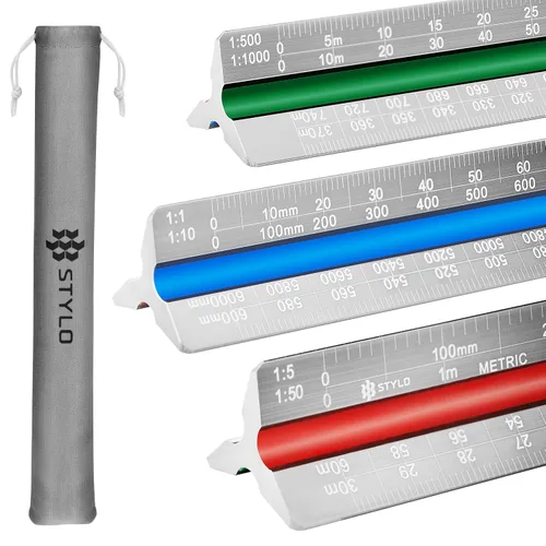 Vista 11 de Stylo Regla de escala de arquitecto de aluminio de 12" con grabado láser, regla triangular de dibujo, ranuras codificadas por color para planos, Gris