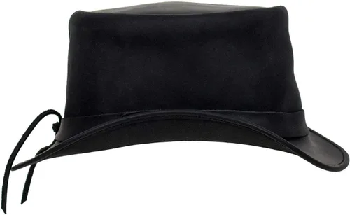 Vista 5 de Dream Apparel Sombrero de cuero negro para hombres y mujeres, disfraz de Halloween, sombrero steampunk para adultos, sombrero corto de Deadman Tophat