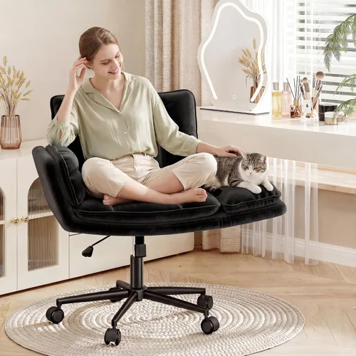 Vista 10 de DurayLoly Silla Criss Cross con ruedas, silla de escritorio rosa con reposabrazos ajustables, silla de tocador con respaldo para dormitorio, sala