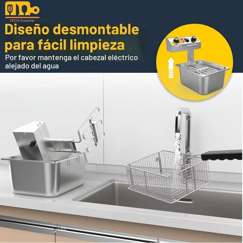 Vista 8 de Festa Essential Freidora eléctrica de 13.6 cuartos de galón con cesta y tapa de freír de 6 L (6.5 cuartos de galón), encimera comercial de acero