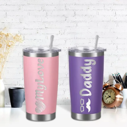 Vista 6 de Vasos personalizados con tapas y pajitas, vasos de acero inoxidable grabados con láser personalizados de 20 onzas con nombre y texto, taza de café