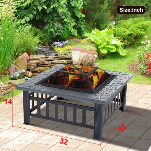 Vista 6 de Mesa portátil para fogata de 32 pulgadas, chimenea cuadrada multiusos para exteriores, chimeneas de metal para exteriores con marco de acero fuerte