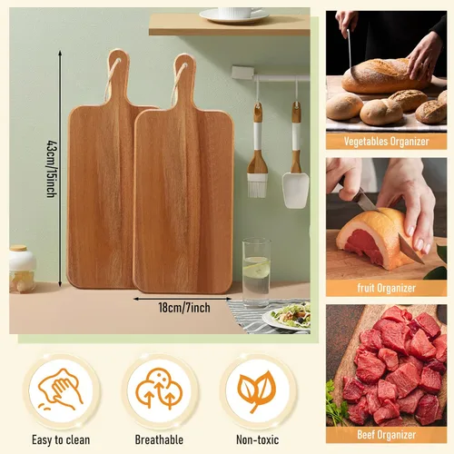 Vista 4 de Paquete de 6 tablas de cortar de madera de acacia con asa, tablas de cortar de madera grandes de madera para charcutería, tabla de cortar de madera
