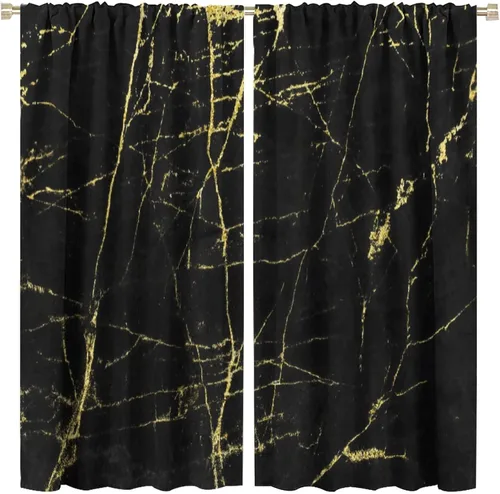 Vista 58 de Cortinas abstractas de mármol de lujo de lujo azul marino dorado a rayas con patrón de mármol estampado para dormitorio, sala de estar, cortinas