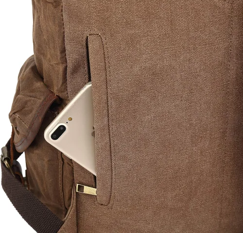Vista 9 de Mochila de cuero genuino encerado de lona Lmagice para viajes, rústica para portátil en verde ejército Verde militar
