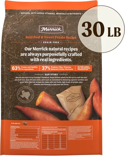 Vista 10 de Merrick Alimento seco premium para perros adultos sin granos, croquetas saludables y naturales, carne de res y batata de Texas real, bolsa de 30.0