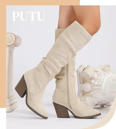 Vista 3 de Putu Botas altas hasta la rodilla para mujer, botas altas de gamuza Beige