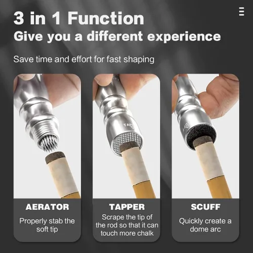 Vista 2 de CRICAL Moldeador de punta de taco 3 en 1, accesorios para tacos de piscina, herramienta multifunción de punta de billar para dar forma, reparación