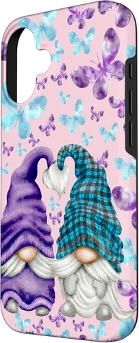 Vista 2 de iPhone 16 Patrón de mariposa estético para el verano lindo caso púrpura gnomo
